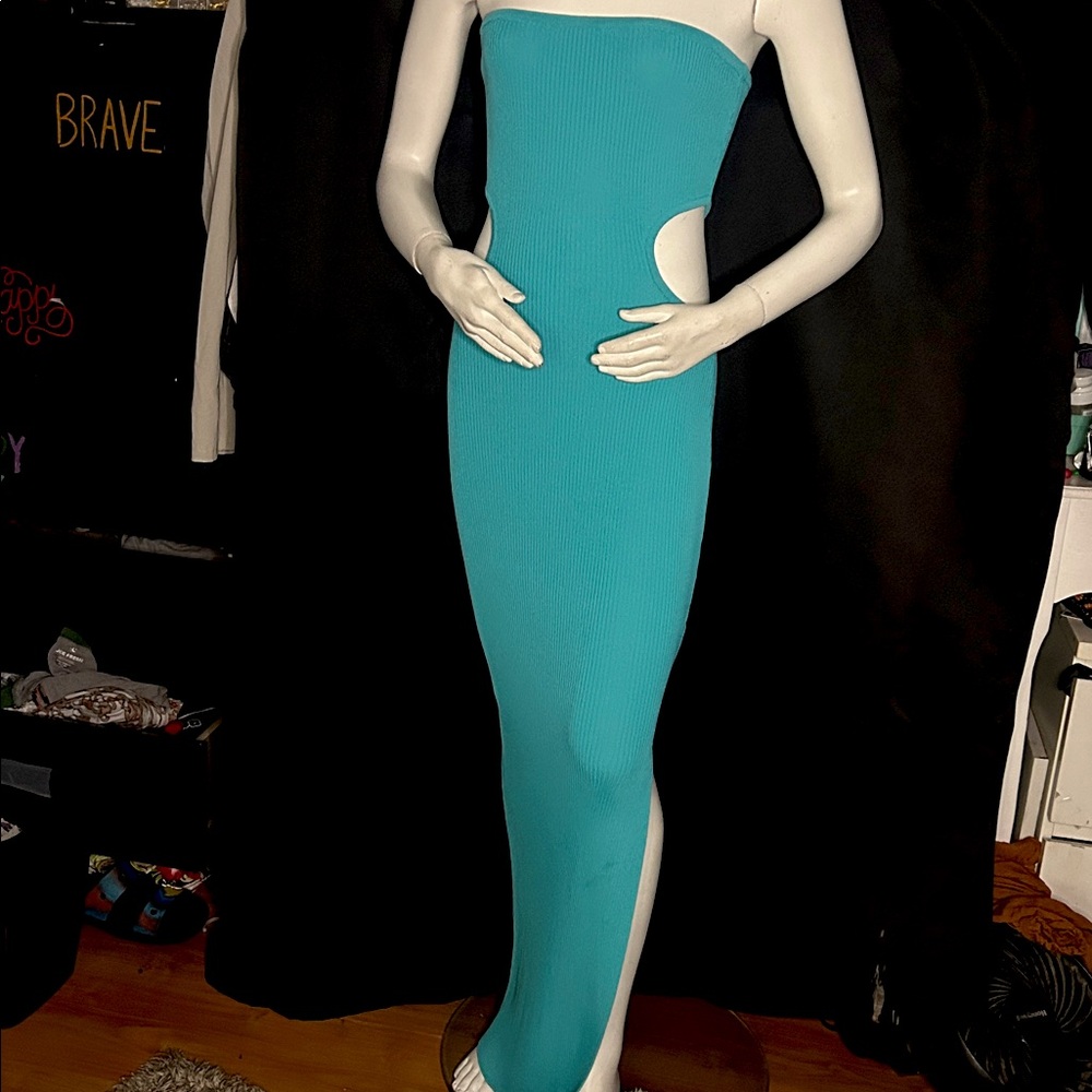Mishka Strapless Teal Cutout Dress